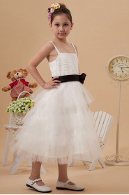 Satin and Mesh Straps Neckline Tea-Length A-line Dress with Hand-made Flower