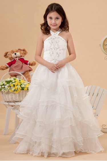 Satin and Organza Halter Neckline Floor Length A-Line Dress with Embroidery and Ruffle