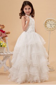 Satin and Organza Halter Neckline Floor Length A-Line Dress with Embroidery and Ruffle