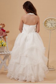 Satin and Organza Halter Neckline Floor Length A-Line Dress with Embroidery and Ruffle