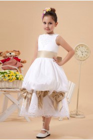 Satin and Lace Jewel Neckline Tea-Length A-Line Dress with Bow