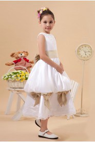 Satin and Lace Jewel Neckline Tea-Length A-Line Dress with Bow