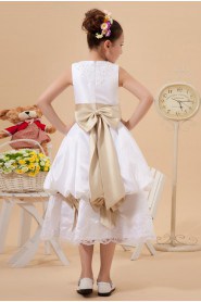 Satin and Lace Jewel Neckline Tea-Length A-Line Dress with Bow