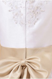 Satin and Lace Jewel Neckline Tea-Length A-Line Dress with Bow