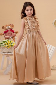 Taffeta Jewel Neckline Ankle-Length Column Dress with Ruffle