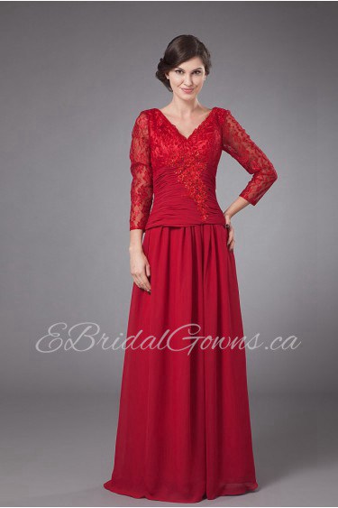 Chiffon V-Neckline Floor Length Empire Dress with Long Sleeves