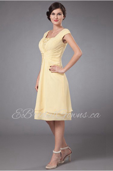 Chiffon Square Neckline Short Dress with Ruffle and Cap-Sleeves