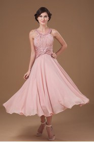 Chiffon Halter Neckline Tea-length Column Dress with Beaded and Ruffle