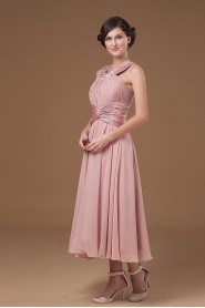 Chiffon Halter Neckline Tea-length Column Dress with Beaded and Ruffle