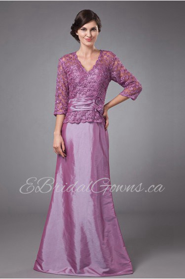 Taffeta and Lace V-Neckline Floor Length A-line Dress with Three-quarter Sleeves