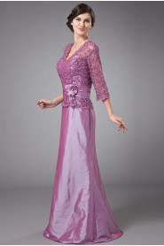 Taffeta and Lace V-Neckline Floor Length A-line Dress with Three-quarter Sleeves