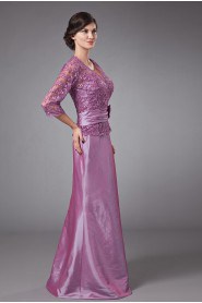 Taffeta and Lace V-Neckline Floor Length A-line Dress with Three-quarter Sleeves