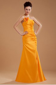 Taffeta One-Shoulder Floor Length Sheath Dress with Hand-made Flower