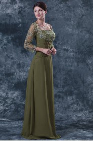 Chiffon and Lace Square Neckline Floor Length Column Dress with Three-quarter Sleeves