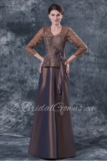 Taffeta and Lace V-Neckline Floor Length A-line Dress with Three-quarter Sleeves