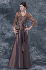 Taffeta and Lace V-Neckline Floor Length A-line Dress with Three-quarter Sleeves