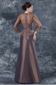 Taffeta and Lace V-Neckline Floor Length A-line Dress with Three-quarter Sleeves