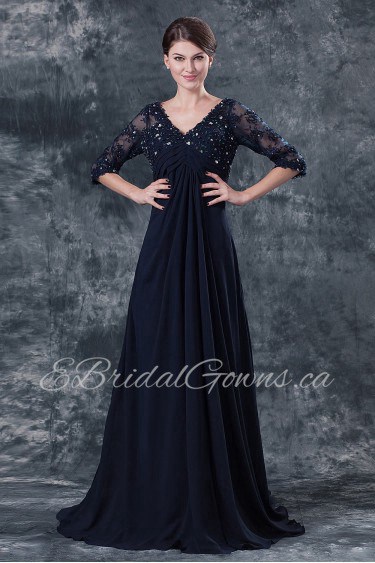 Chiffon V-Neckline Empire Dress with Three quarter Sleeves