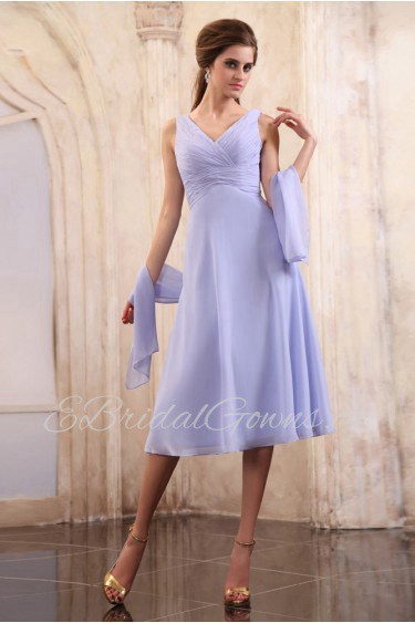 Chiffon V-Neckline Tea-Length Empire Dress with Ruffle