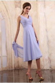 Chiffon V-Neckline Tea-Length Empire Dress with Ruffle