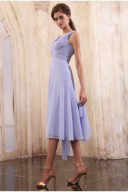 Chiffon V-Neckline Tea-Length Empire Dress with Ruffle