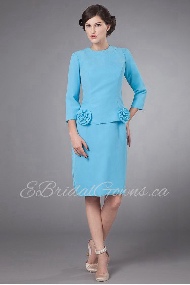 Chiffon Jewel Neckline Short Sheath Dress with Three-quarter Sleeves