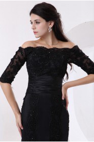 Taffeta and Lace Off-the-shoulder Short Mermaid Dress with Beaded and Half-Sleeves