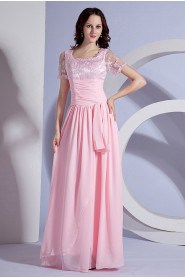 Chiffon Square Neckline Floor Length Dress with Embroidery and Short Sleeves