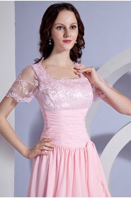 Chiffon Square Neckline Floor Length Dress with Embroidery and Short Sleeves