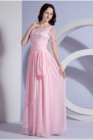 Chiffon Square Neckline Floor Length Dress with Embroidery and Short Sleeves