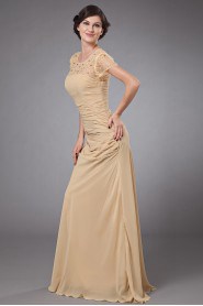 Chiffon Round Neckline A-line Dress with Beaded and Cap-Sleeves