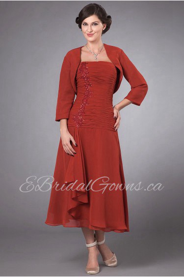 Chiffon Strapless Tea-Length Column Dress with Embroidery and Ruffle