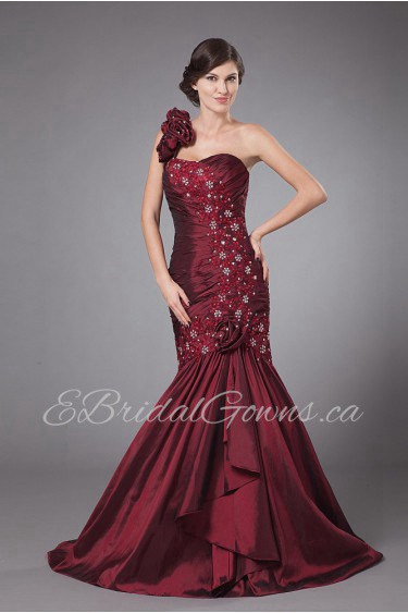 Taffeta One-Shoulder Floor Length Sheath Dress with Embroidery and Ruffle