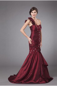 Taffeta One-Shoulder Floor Length Sheath Dress with Embroidery and Ruffle