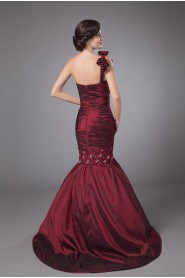 Taffeta One-Shoulder Floor Length Sheath Dress with Embroidery and Ruffle