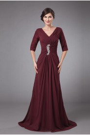 Chiffon V-Neckline A-line Dress with Pleated and Ruffle