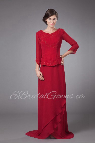 Chiffon Round Neckline Column Dress with Beaded Pleated and Long Sleeves