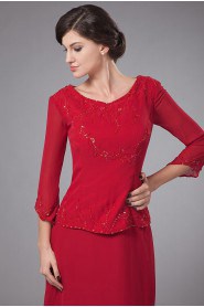 Chiffon Round Neckline Column Dress with Beaded Pleated and Long Sleeves