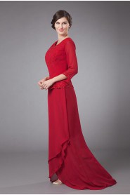 Chiffon Round Neckline Column Dress with Beaded Pleated and Long Sleeves