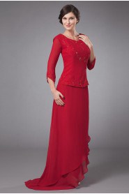 Chiffon Round Neckline Column Dress with Beaded Pleated and Long Sleeves