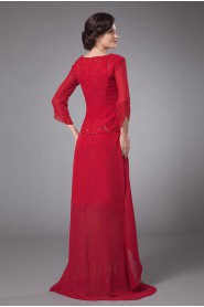 Chiffon Round Neckline Column Dress with Beaded Pleated and Long Sleeves