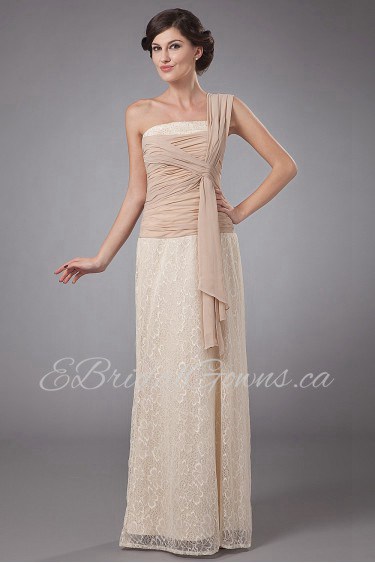 Lace One-Shoulder Floor Length Column Dress with Sash