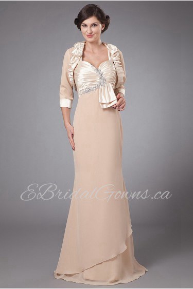 Satin Queen Anne Neckline Floor Length Sheath Dress with Ruffle Pleated and Jacket