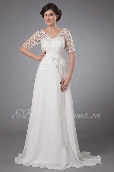 Chiffon V-Neckline A-line Dress with Embroidery and Short Sleeves