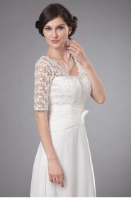 Chiffon V-Neckline A-line Dress with Embroidery and Short Sleeves