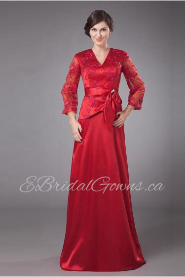 Satin and Lace V-Neckline Floor Length A-line Dress with Bowtie