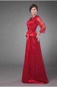 Satin and Lace V-Neckline Floor Length A-line Dress with Bowtie