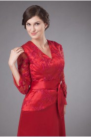 Satin and Lace V-Neckline Floor Length A-line Dress with Bowtie