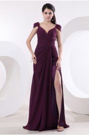 Chiffon V-Neckline A-line Dress with Pleat