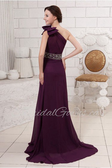 Chiffon One-Shoulder A-line Dress with Bowknot